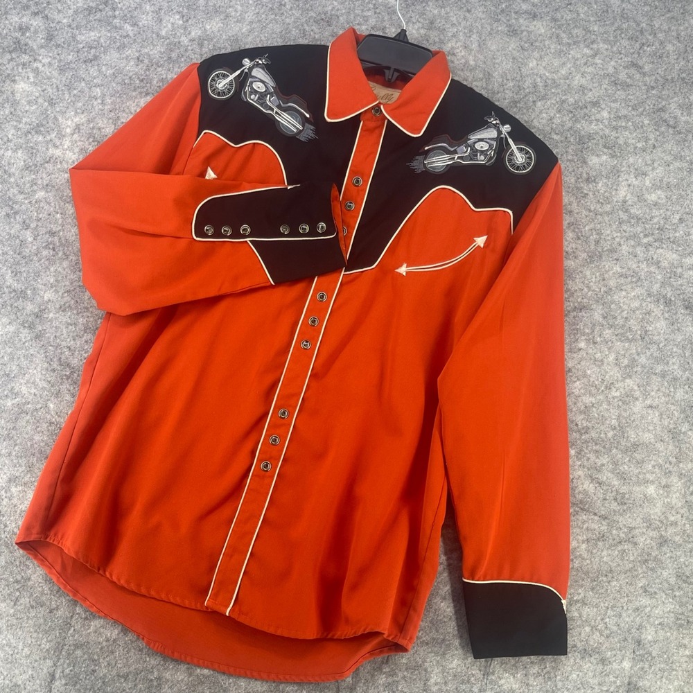 Scully Western Shirt Men M Orange Embroidered Motorcycle Pearl Snap Smile pocket